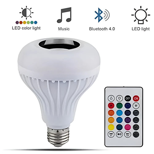 White Bluetooth speaker LED bulb with E27 base showing RGB colour illumination