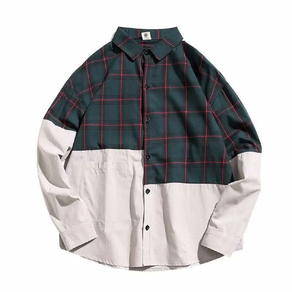 Autumn Japanese plaid stitching cotton shirt for men, green colour, long sleeves, square collar