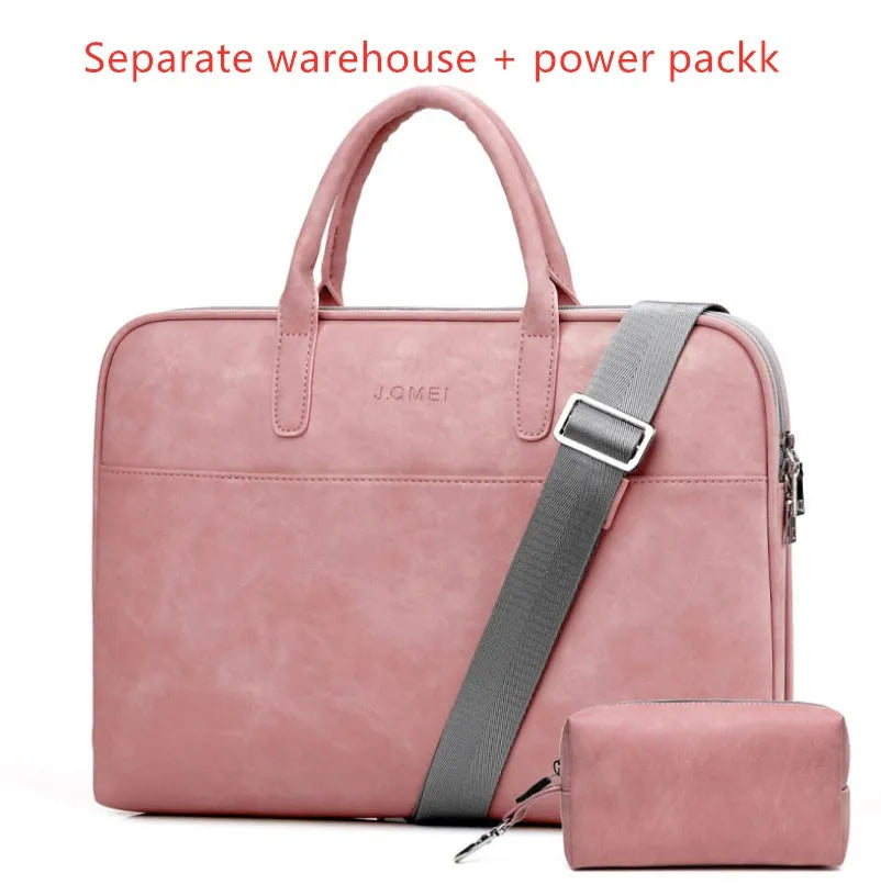 Faux leather laptop bag for women in black with zipper closure, waterproof and shockproof, for 15.6 inch laptop