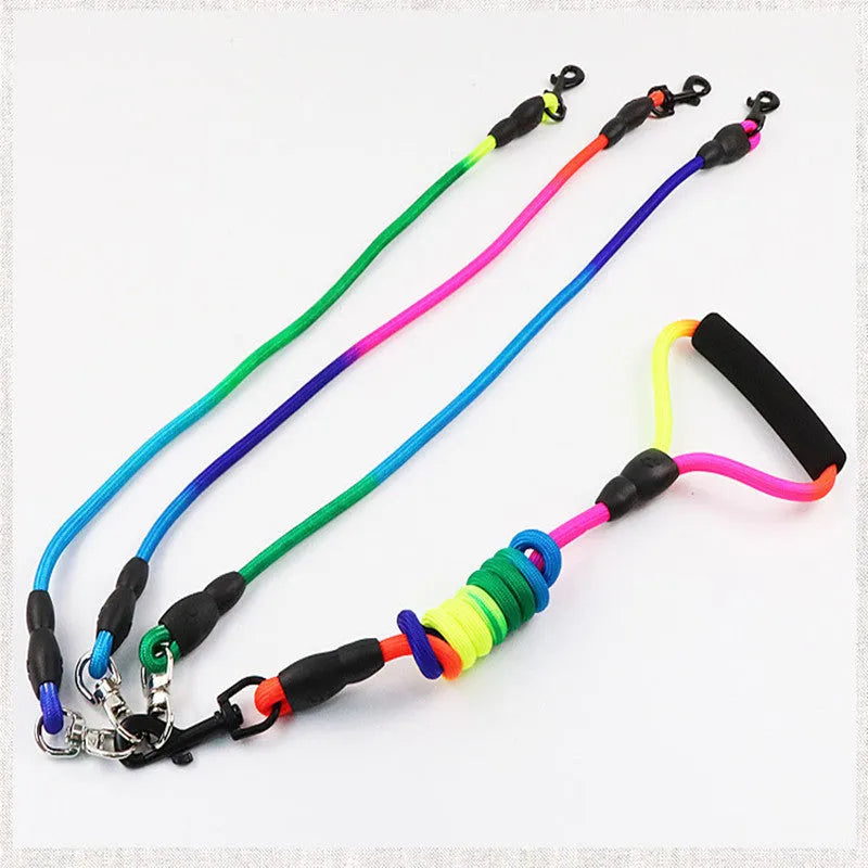 One drag three dogs pet rope leash in black, colorful, and red with size options XS to L for multi-dog walking