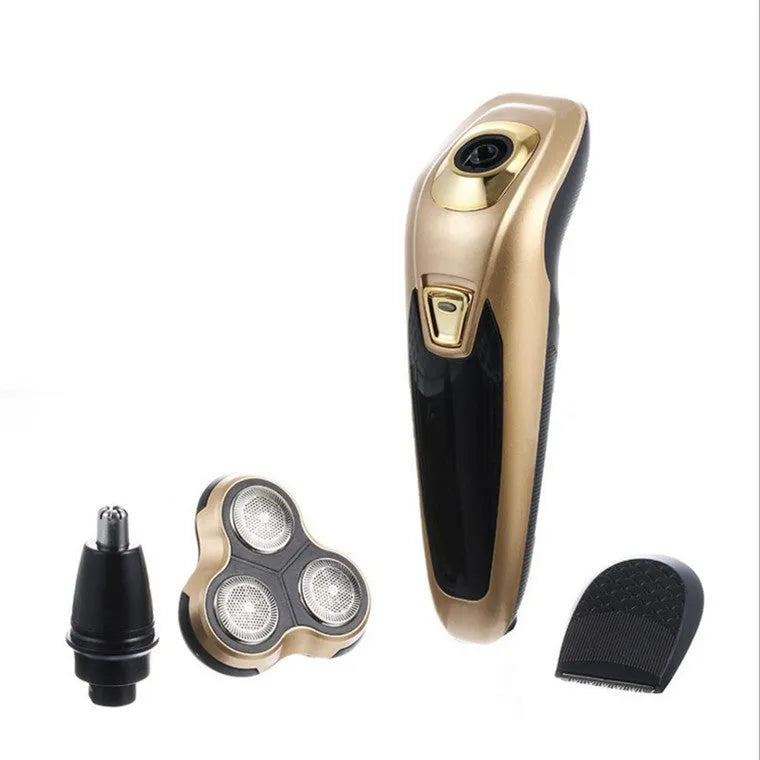 Electric shaver machine three-head floating razor with accessories on blue background
