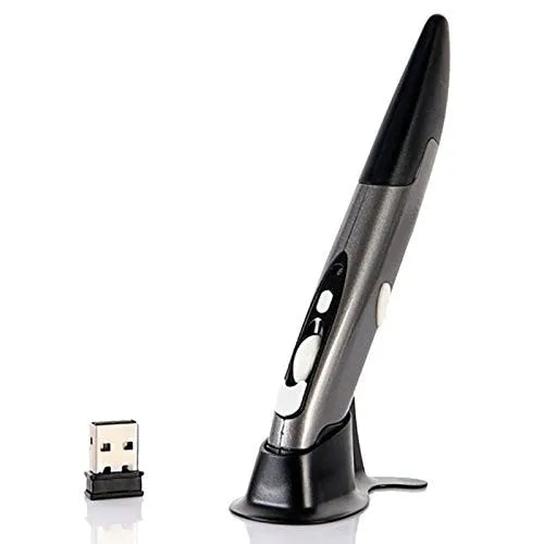Wireless optical pen mouse in blue with USB receiver and stand on white background