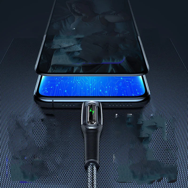 Black braided Lightning cable with intelligent power-off feature for iPhone 12 charging