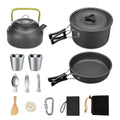 Green camping teapot set with kettle, frying pan, boiling pot, burner, and cutlery for 2-3 people