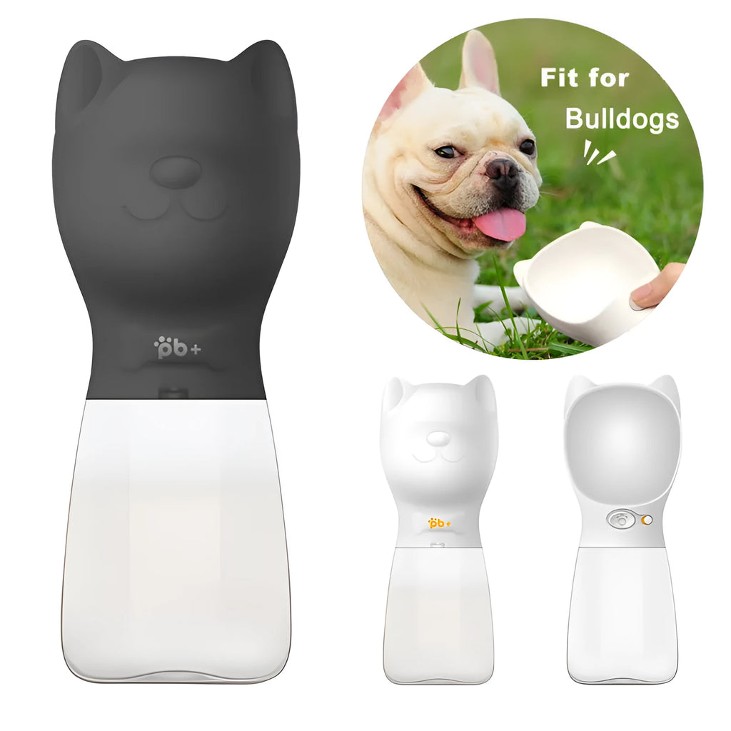 Portable pet dog drinker water bottle in black with automatic leak proof outdoor feeder for dogs and cats