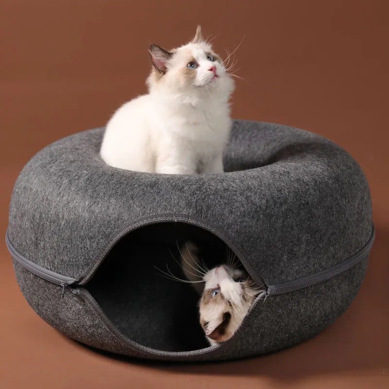 Grey felt cat nest tunnel with round bed and side tunnel entrance for cats