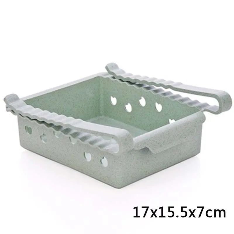 Hanging plastic refrigerator storage rack with drawer compartments and clapboard design for kitchen organisation