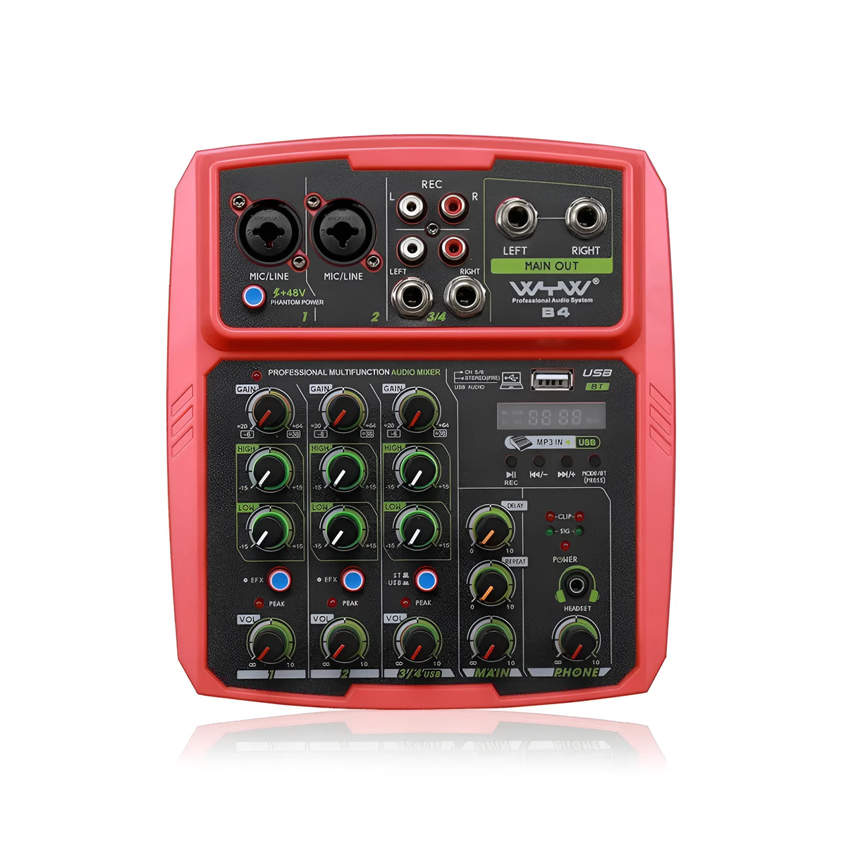Reverb audio processor with USB interface and mixer controls, available in Green, Red, or Yellow colour