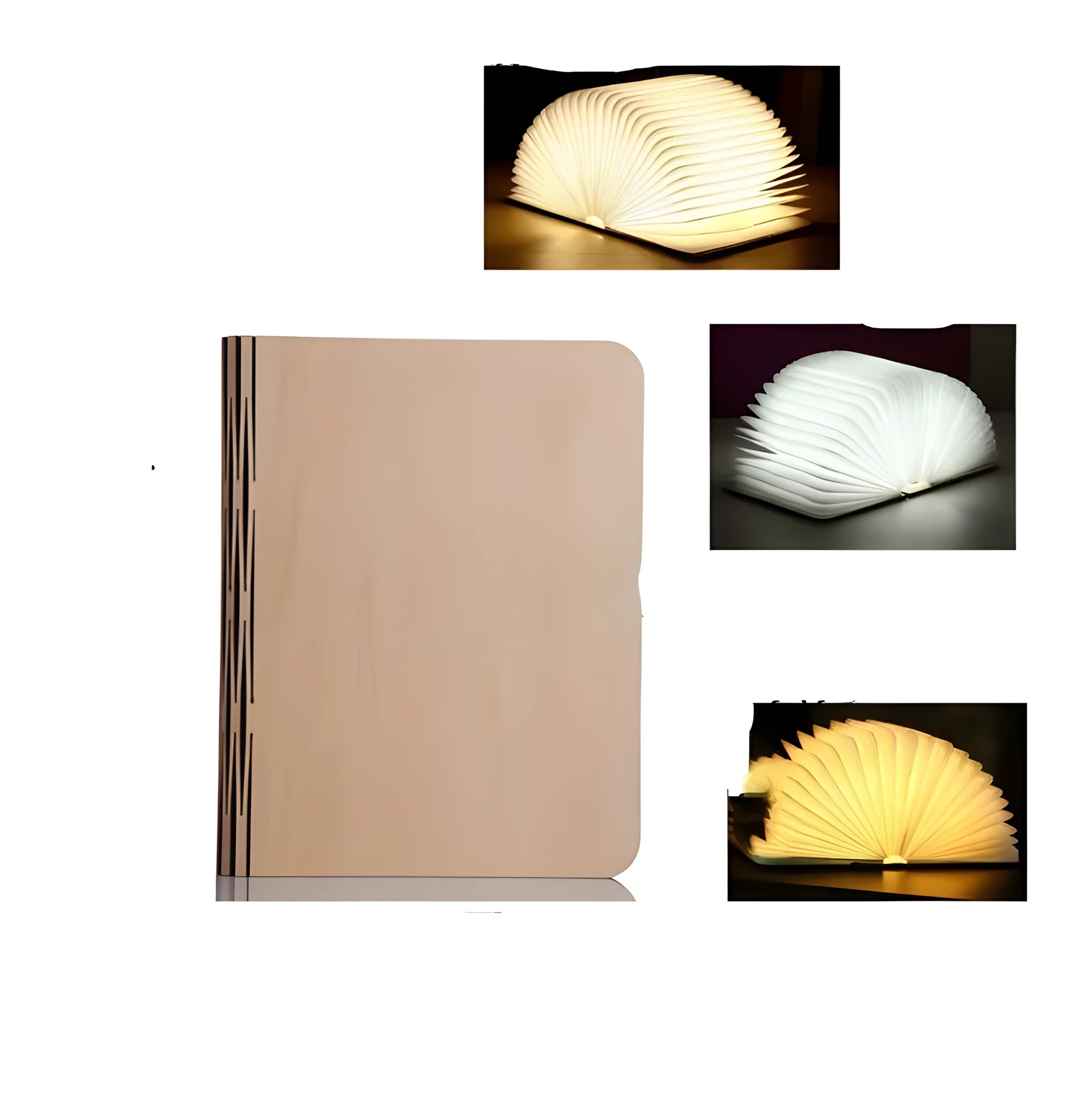Solid wood book light in three sizes with USB cable showing white and warm white light options