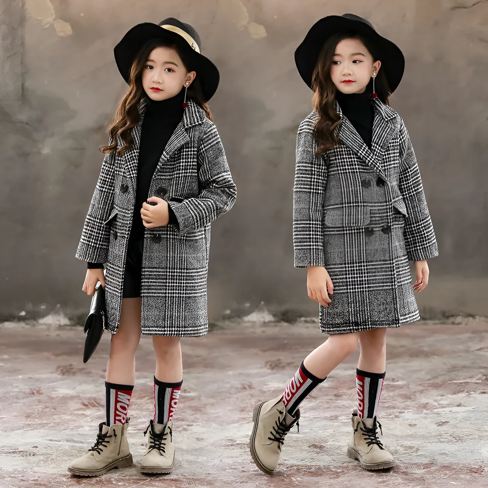 Girls grey and white houndstooth plaid coat with suit collar and long sleeves.