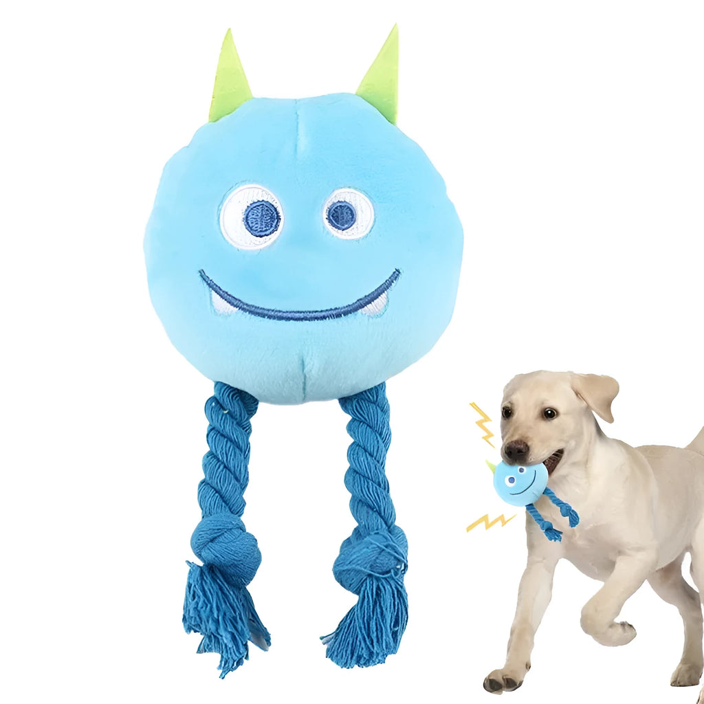 Blue and yellow cartoon dog squeaky toys with strong knot design and cotton rope texture
