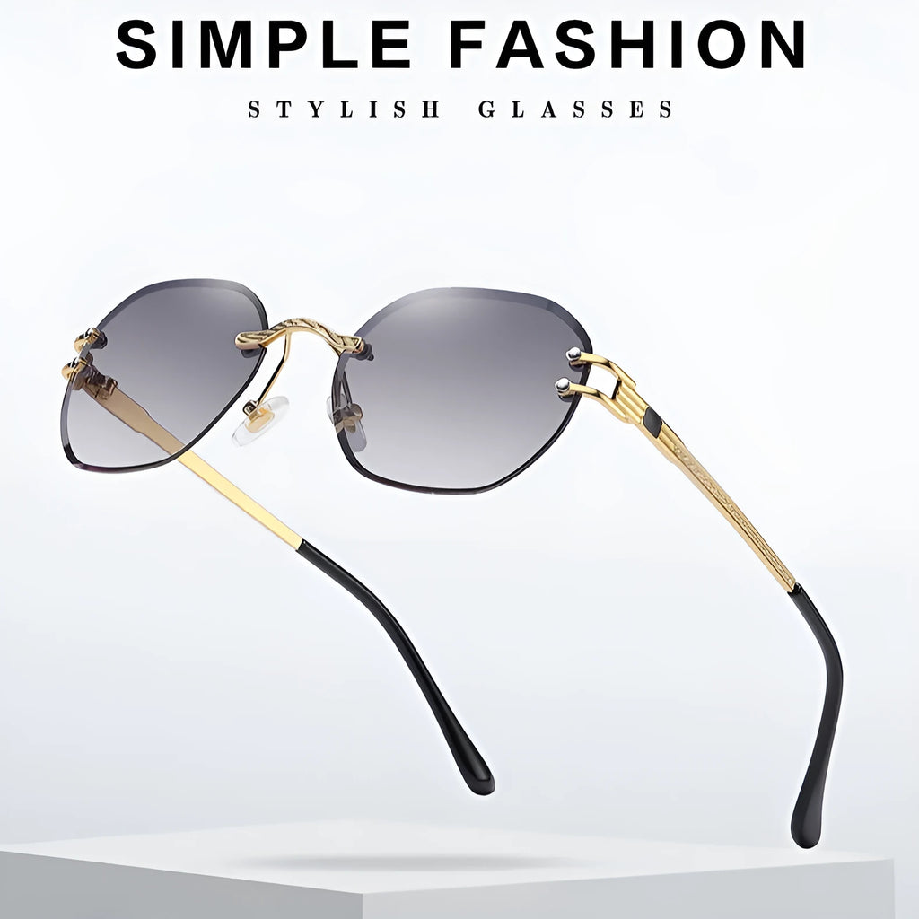 Gold metal frame sunglasses with gradient blue lenses and a box-style design.