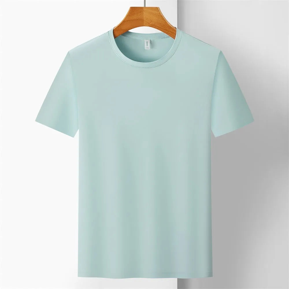 Ice Silk quick-dry antibacterial anti-UV slim-fit T-shirt in solid colours on a hanger.