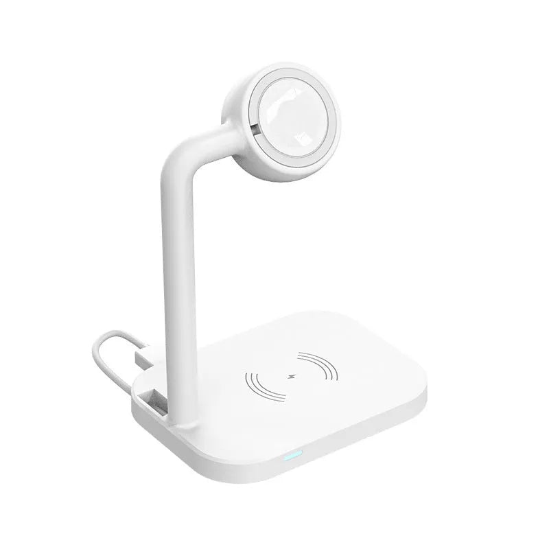 Multi function desktop wireless charging stand in black, holding a smartphone, with LED indicator visible