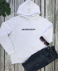 ABCDEFUCKOFF cotton pullover hoodie in black, front view, available in sizes S to 3XL