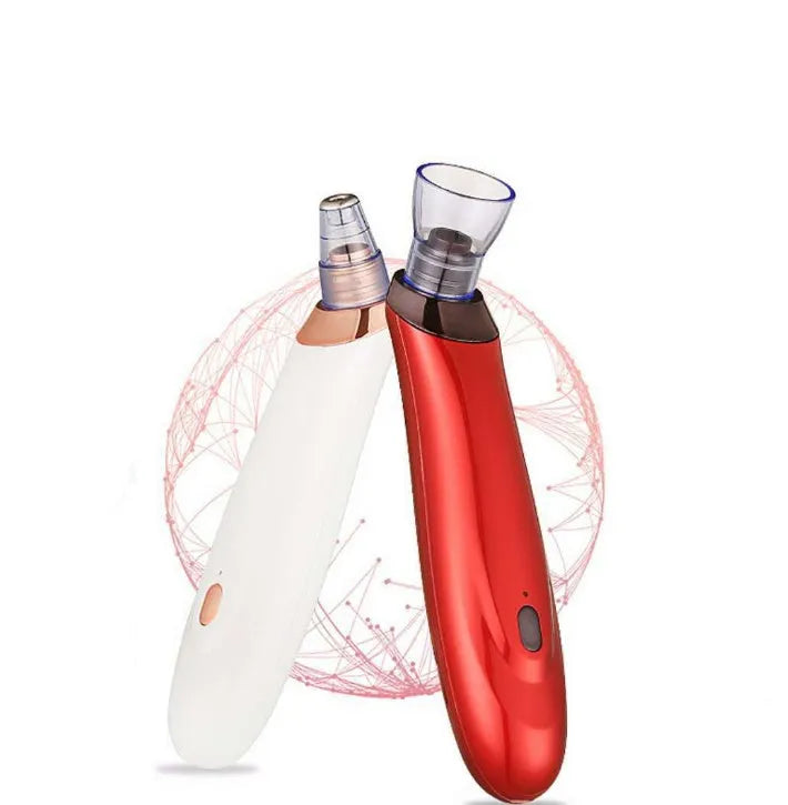 Black, gold, red, or white coloured electric blackhead removal tool with multiple nozzle tips
