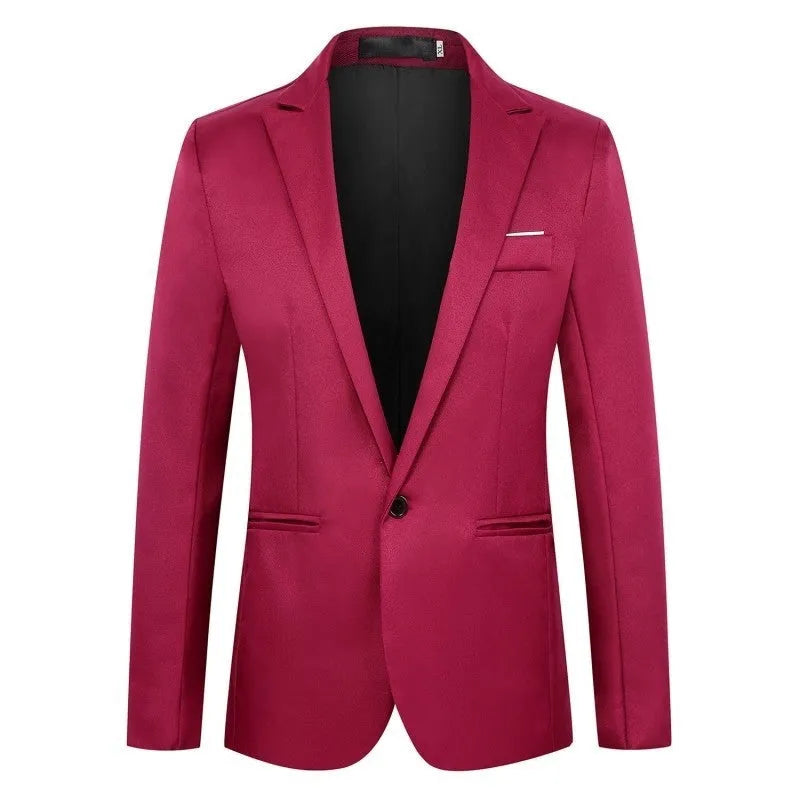 Men's loose fit suit jacket for weddings in various colours including black, blue, and wine red.