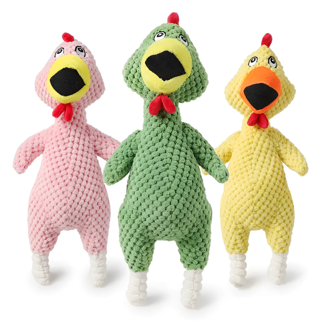 Pink pineapple velvet screaming chicken dog toy with squeaker, 35cm long, on white background