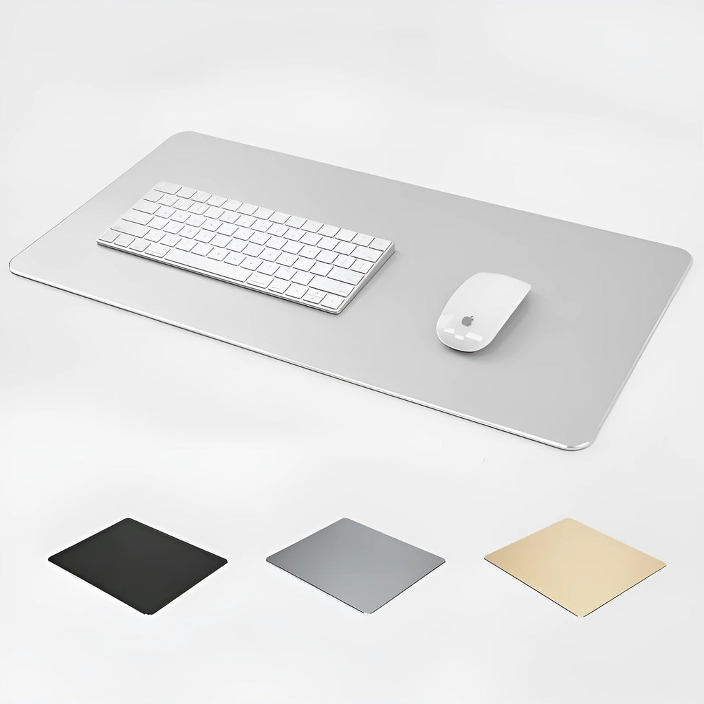 Aluminium alloy double-sided mouse pad in black finish on a desk for gaming or office use