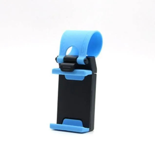 Black universal steering wheel phone clip holder mounted with a smartphone displaying a map.