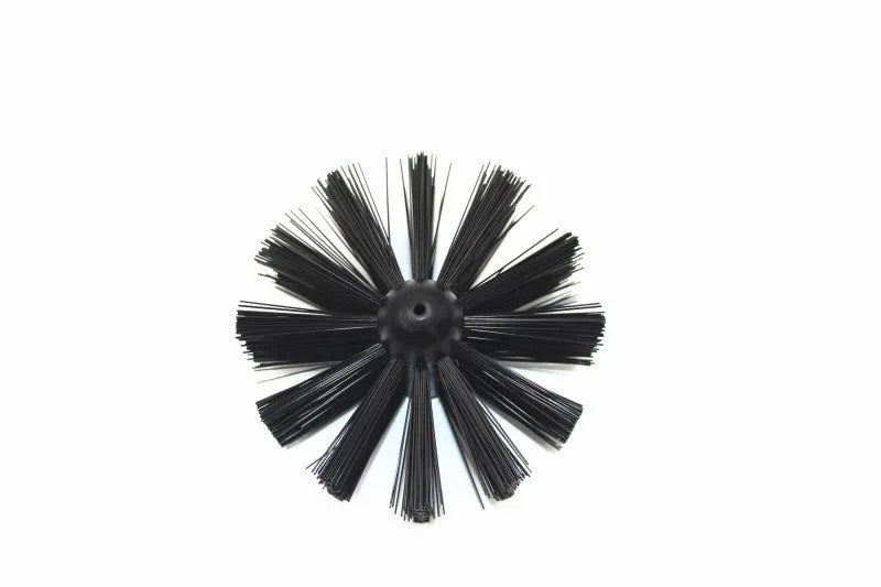 Dryer vent cleaning brush kit with 6 nylon rods, 100mm brush head, and galvanised wire bristles on white background