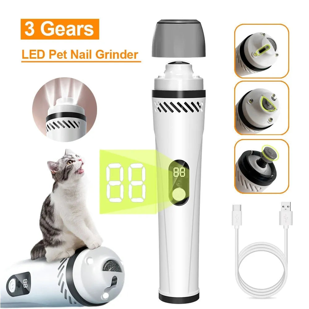 Electric dog nail grinder with automatic piercing head, LED display, and handheld design on a white background.