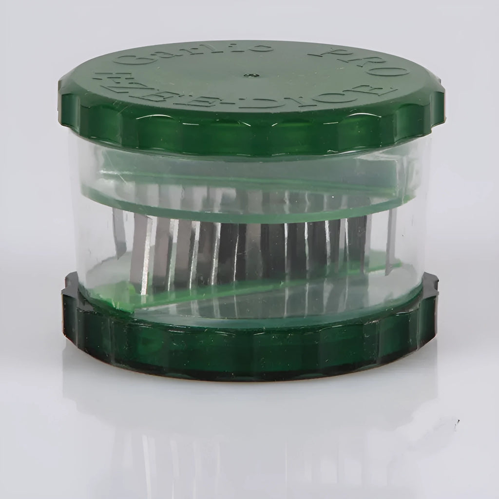 Green transparent polypropylene garlic peeler kitchen tool measuring 8.5 by 8.5 by 6 cm.