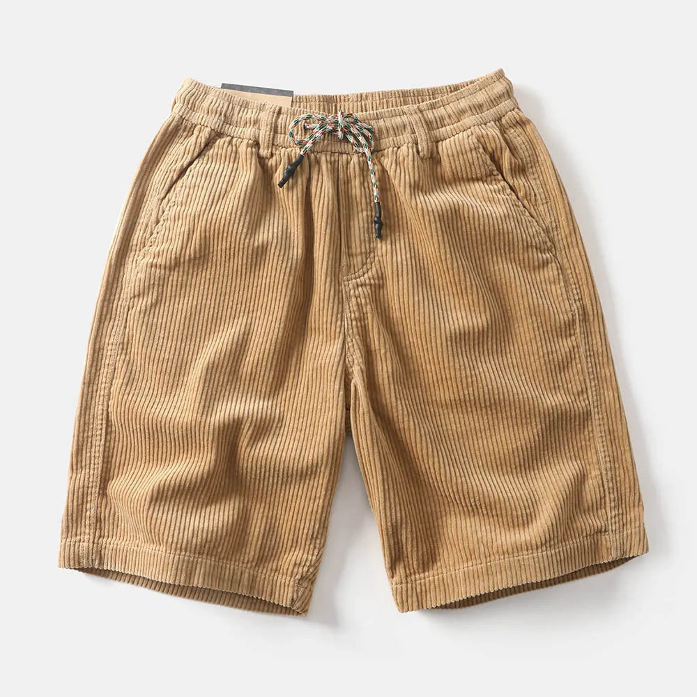 Men's khaki cargo shorts with straight leg fit and fifth pants length, showing multiple cargo pockets