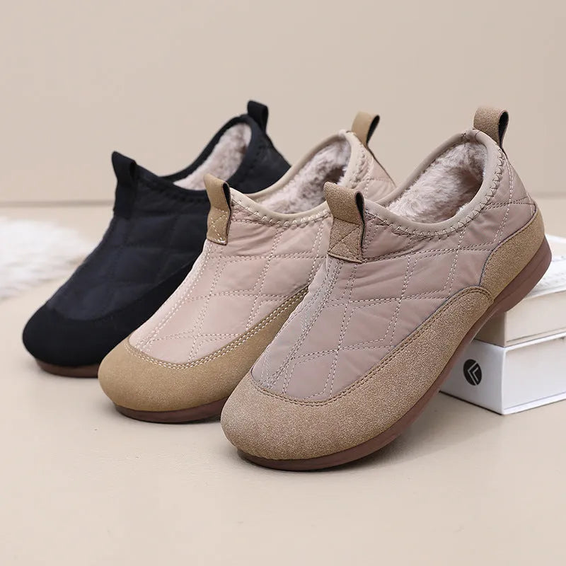 Women's winter cloth shoes with velvet lining, flat gommino sole, solid colour, umbrella cloth upper, slip-on style