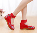 Women's rhinestone ethnic pattern double buckle canvas high heels flat heel round toe beige colour