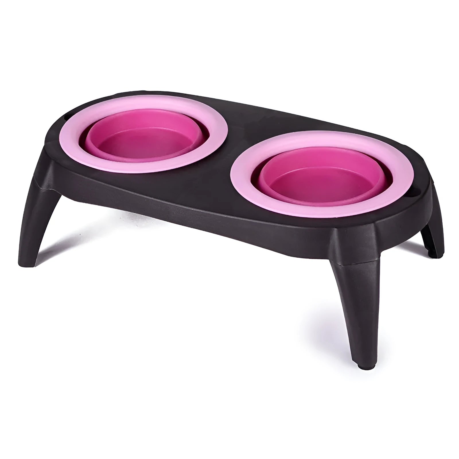 Blue folding double bowl pet feeder made from TPR and PP materials showing non-slip base and two compartments