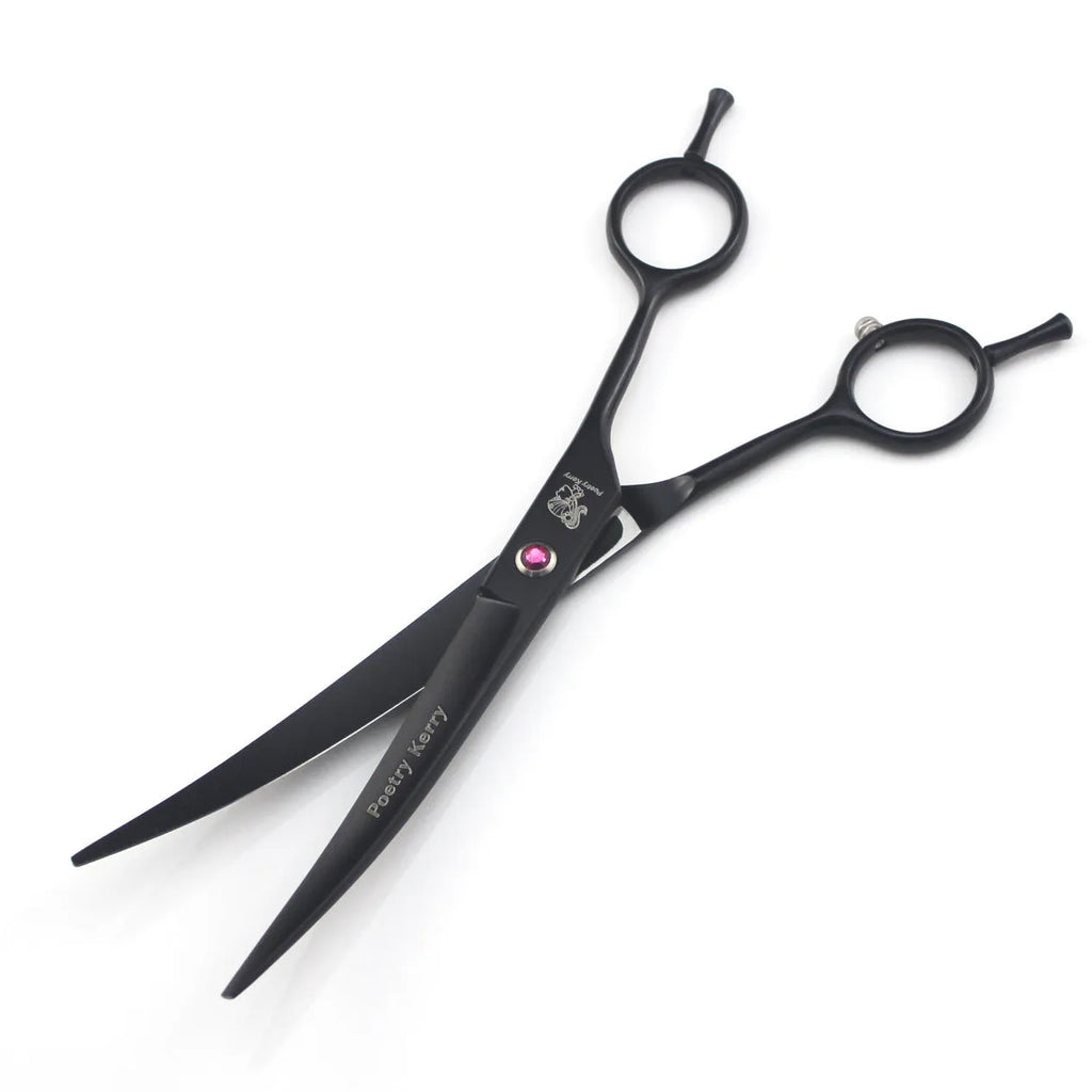 Six-piece black stainless steel pet grooming scissors set containing straight, curved, dense teeth, fishbone teeth scissors, comb, and haemostatic forceps
