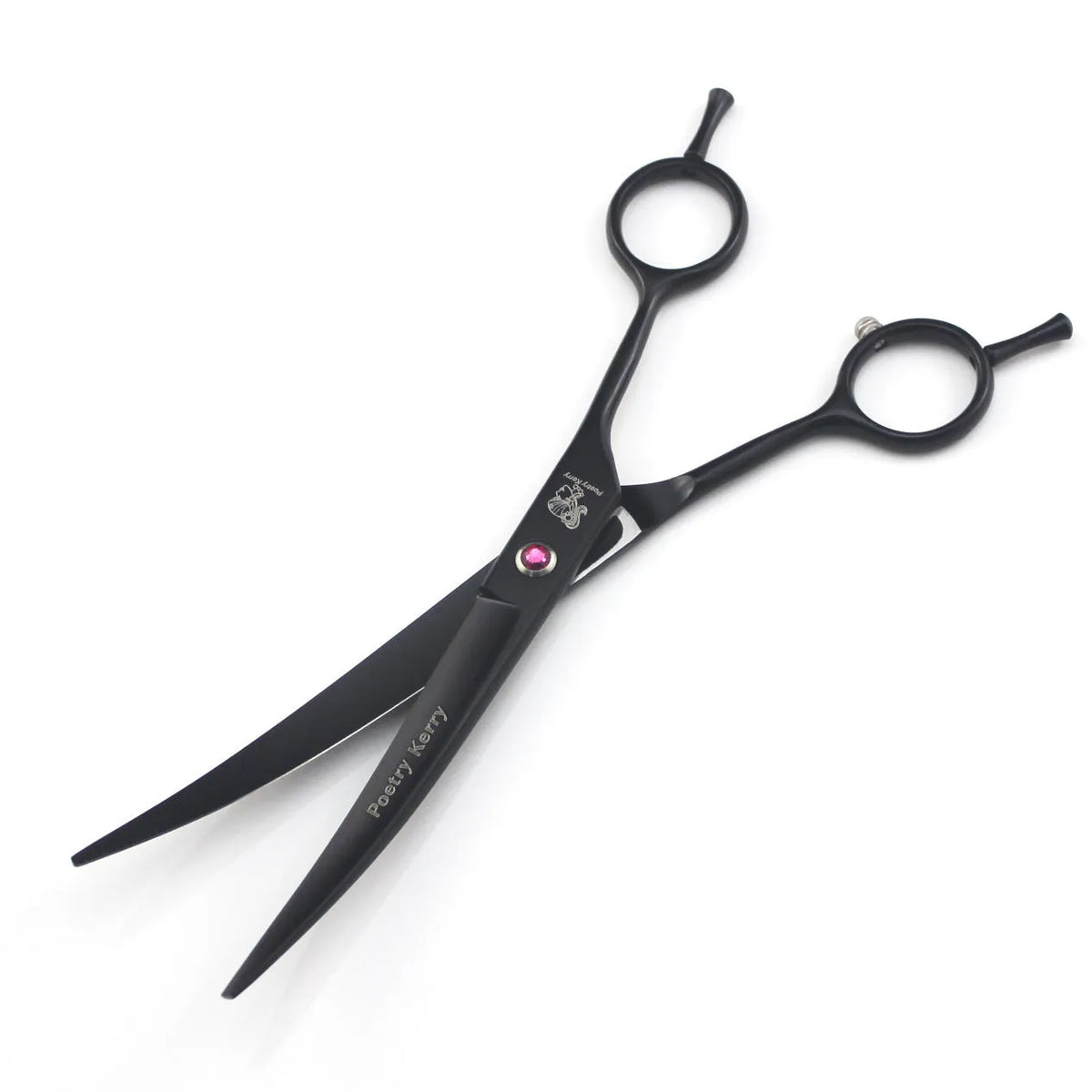 Six-piece black stainless steel pet grooming scissors set containing straight, curved, dense teeth, fishbone teeth scissors, comb, and haemostatic forceps
