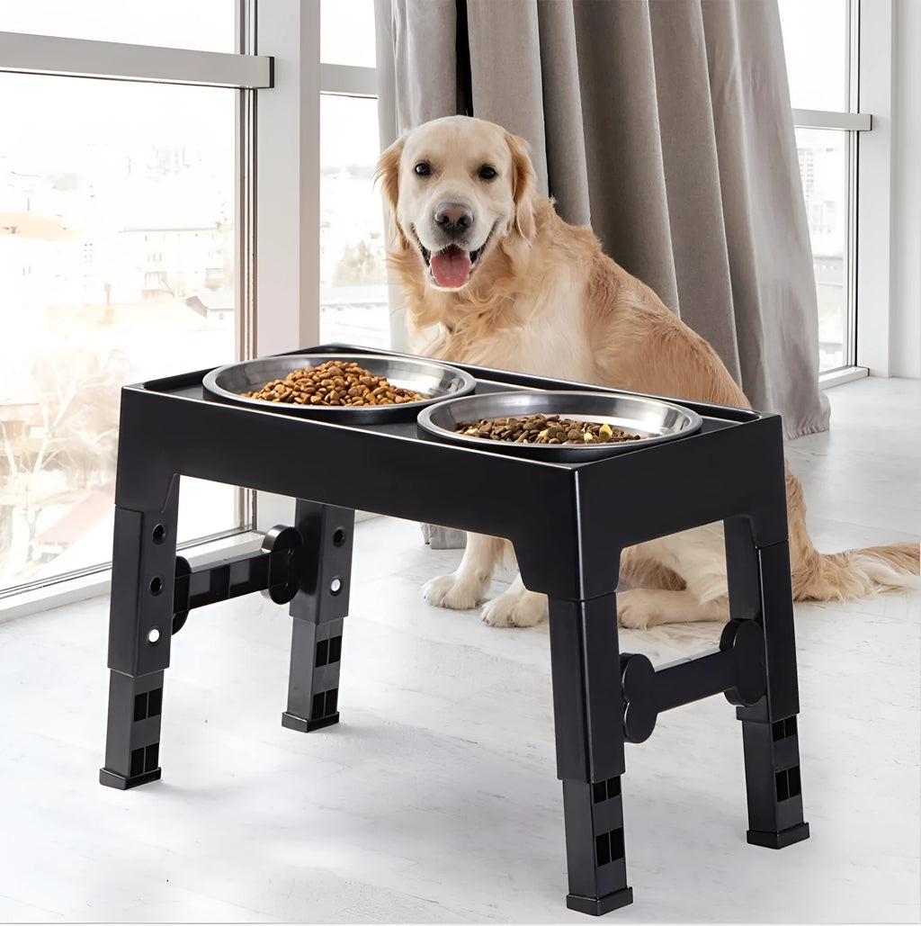 Black pet lifting feeding bowl with anti-tumble base and stainless steel double bowl for medium large dogs
