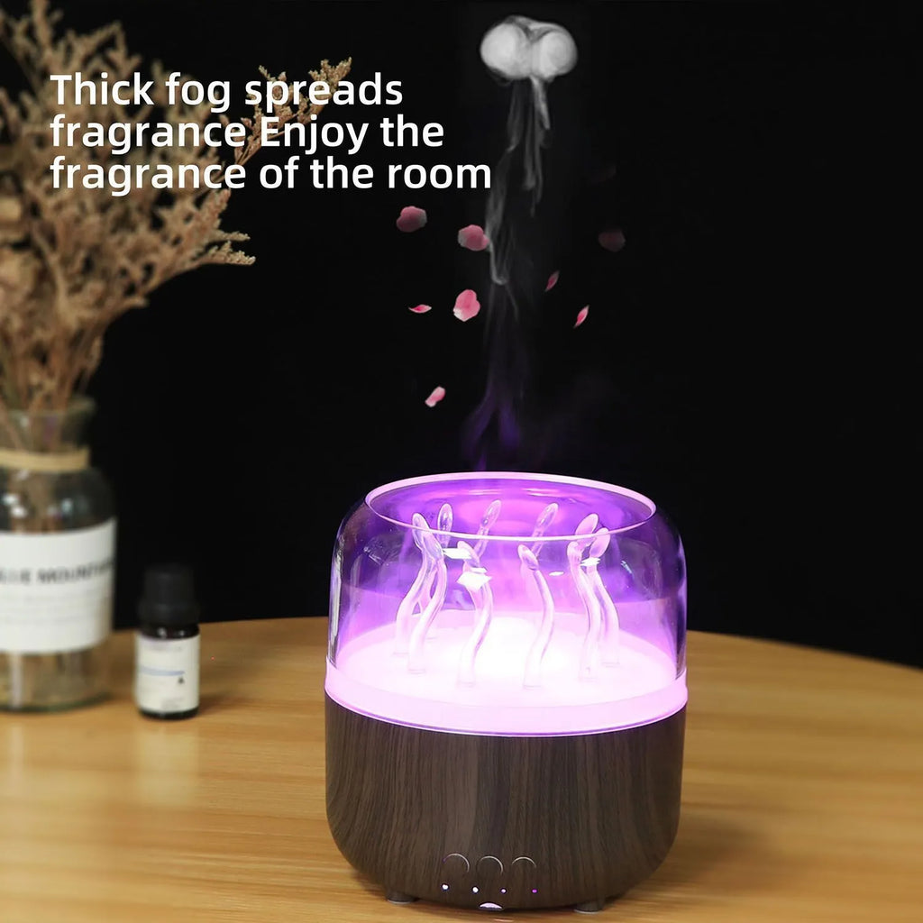 Wood grain rotating dynamic spray jellyfish ambience light humidifier with black finish
