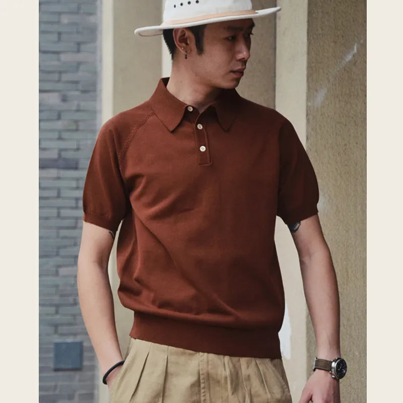 Retro knitted cotton short-sleeved T-shirt in slim fit showing dark brown colour option