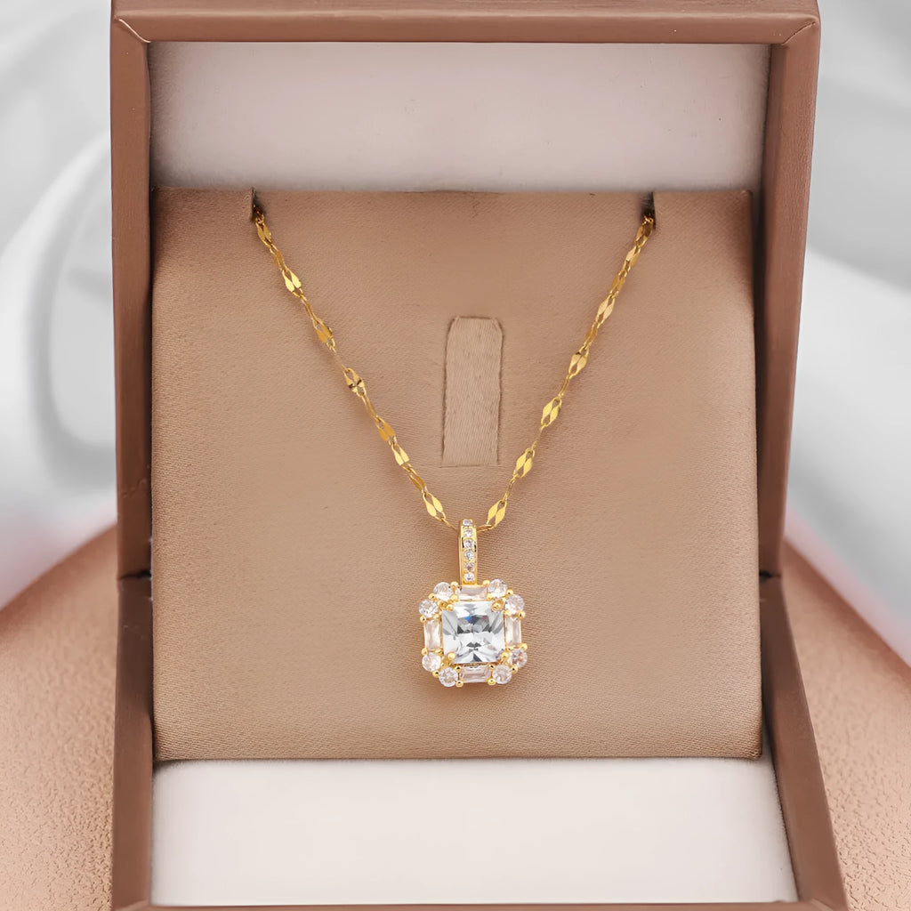 Women's titanium steel geometric clavicle chain with quadrilateral mixed gem pendant on water wave chain