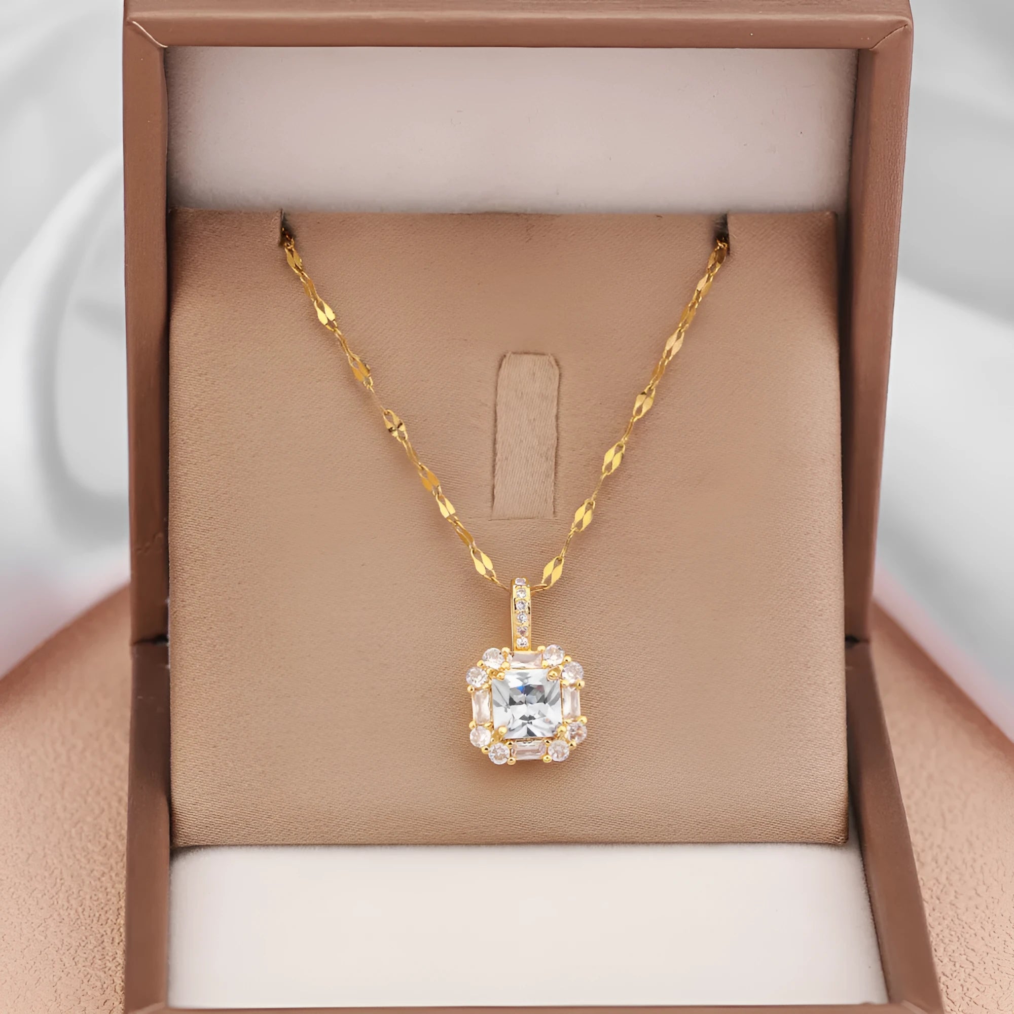 Women's titanium steel geometric clavicle chain with quadrilateral mixed gem pendant on water wave chain