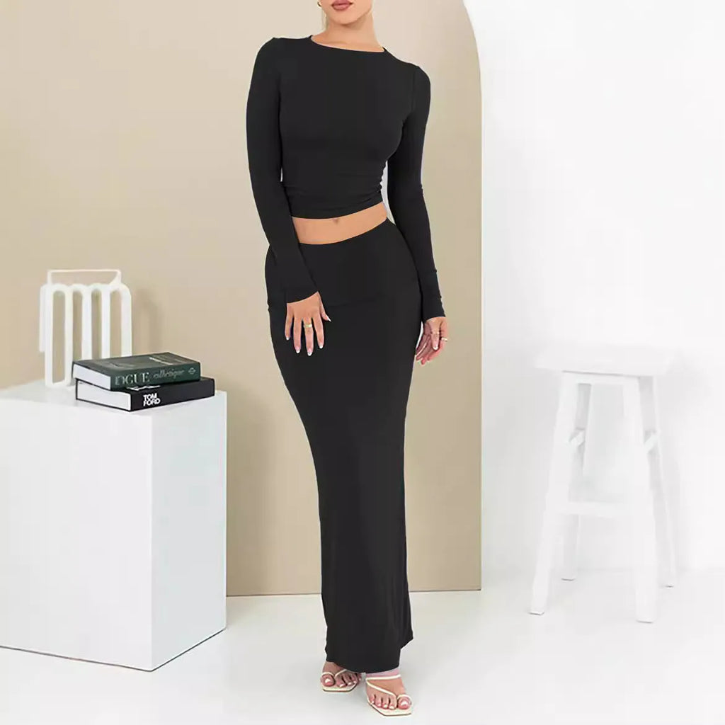 Women's black two-piece suit with three-quarter sleeves and long skirt in fresh sweet style