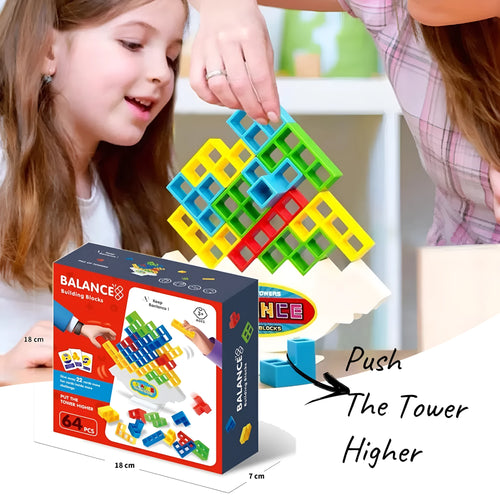 Plastic balance stacking game with 16 colourful blocks on chassis base for kids age 3+