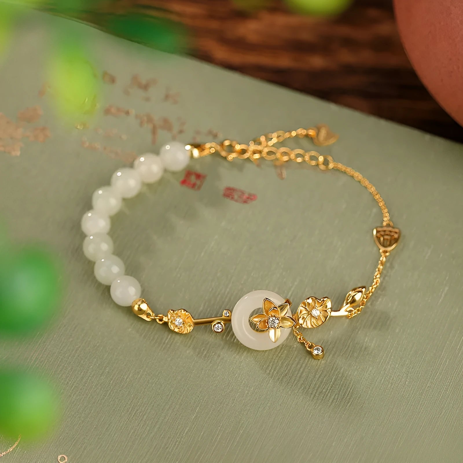 925 silver lotus peace buckle bracelet with Hetian jade inlay on wrist