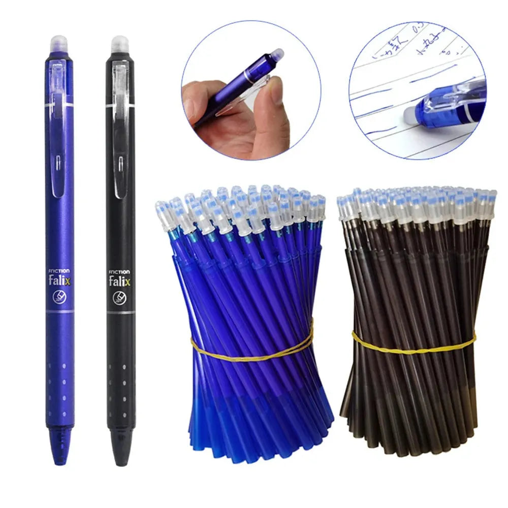 Blue and black erasable gel pen with 0.5mm stainless steel nib and plastic body for school use