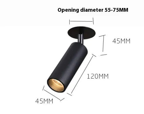Black and white aluminium cylinder track spotlight for 55-75mm hole installation.