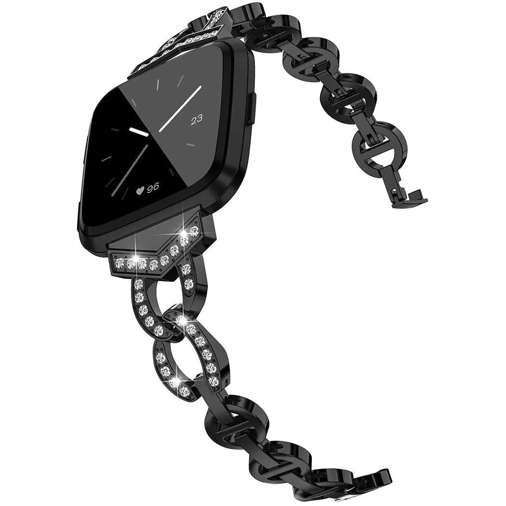Zinc alloy metal watch strap with decorative stones for Fitbit Versa in silver finish