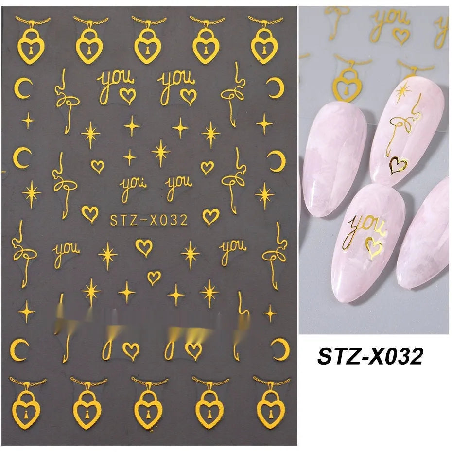 Black and silver stripe nail art sticker with a love pattern design on a plastic sheet.