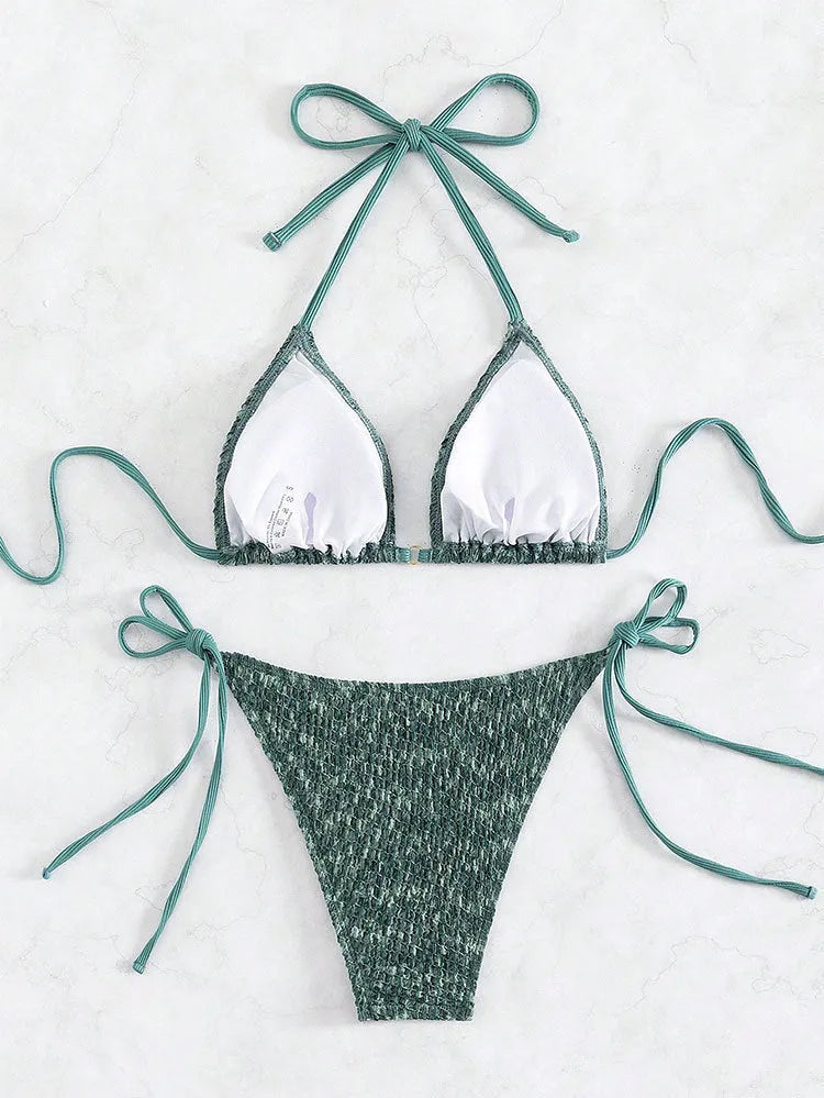 Women's green or pink three-point halter strap backless swimsuit with matching shorts