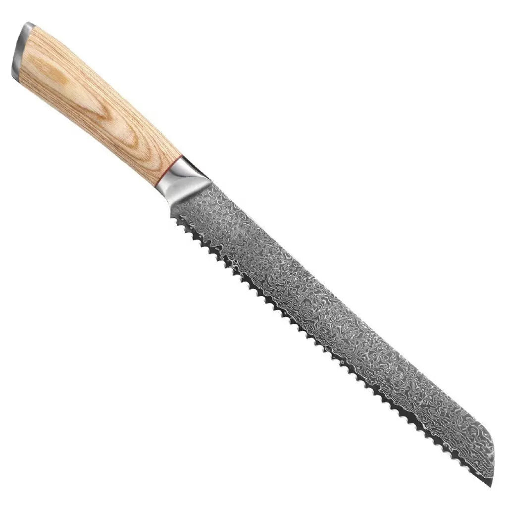 12-piece Damascus steel kitchen knife set with various blade types on a wooden block.
