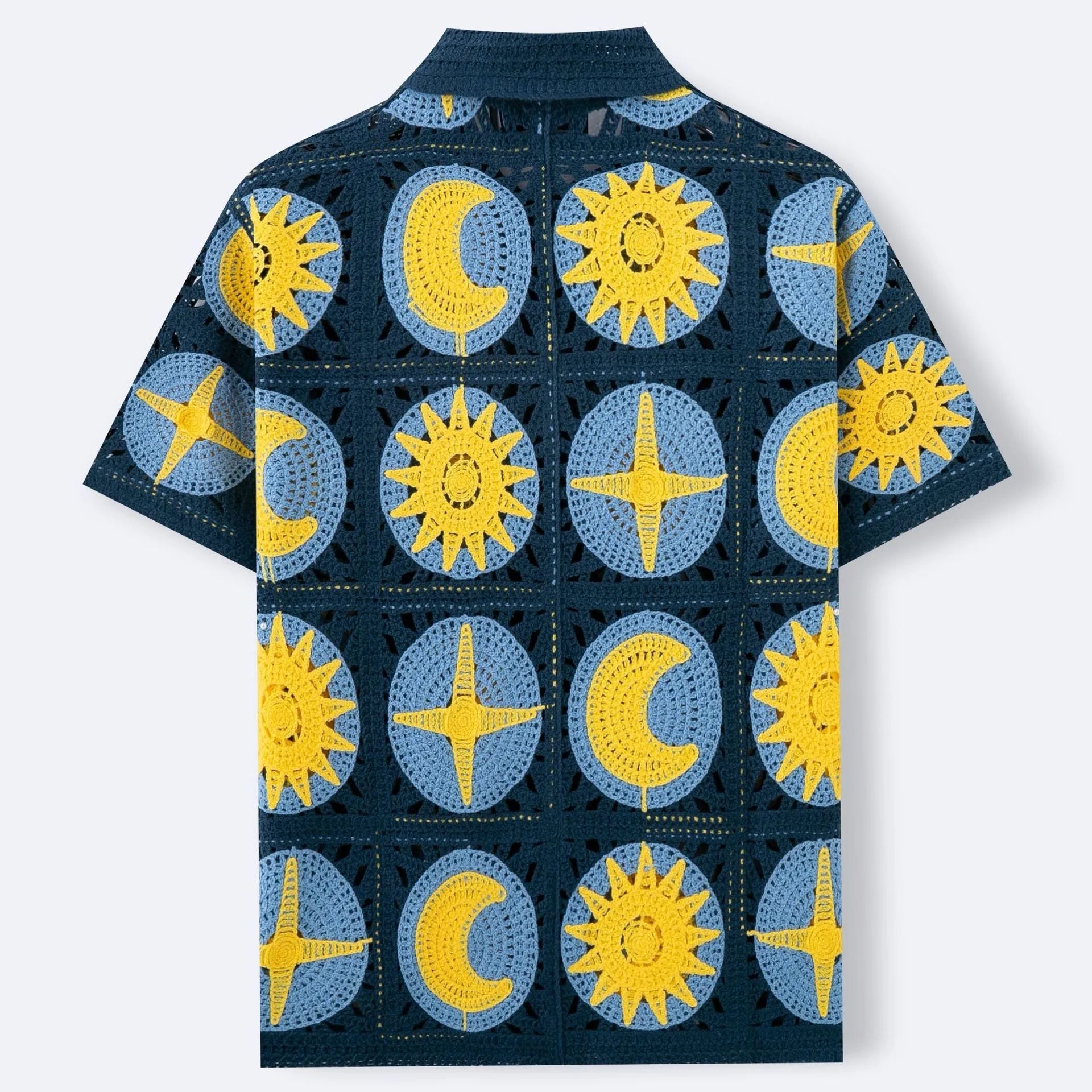 Men's navy blue short-sleeved cardigan with cartoon flocking pattern