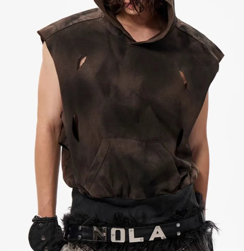 Khaki coloured sleeveless cotton hooded vest on a hanger