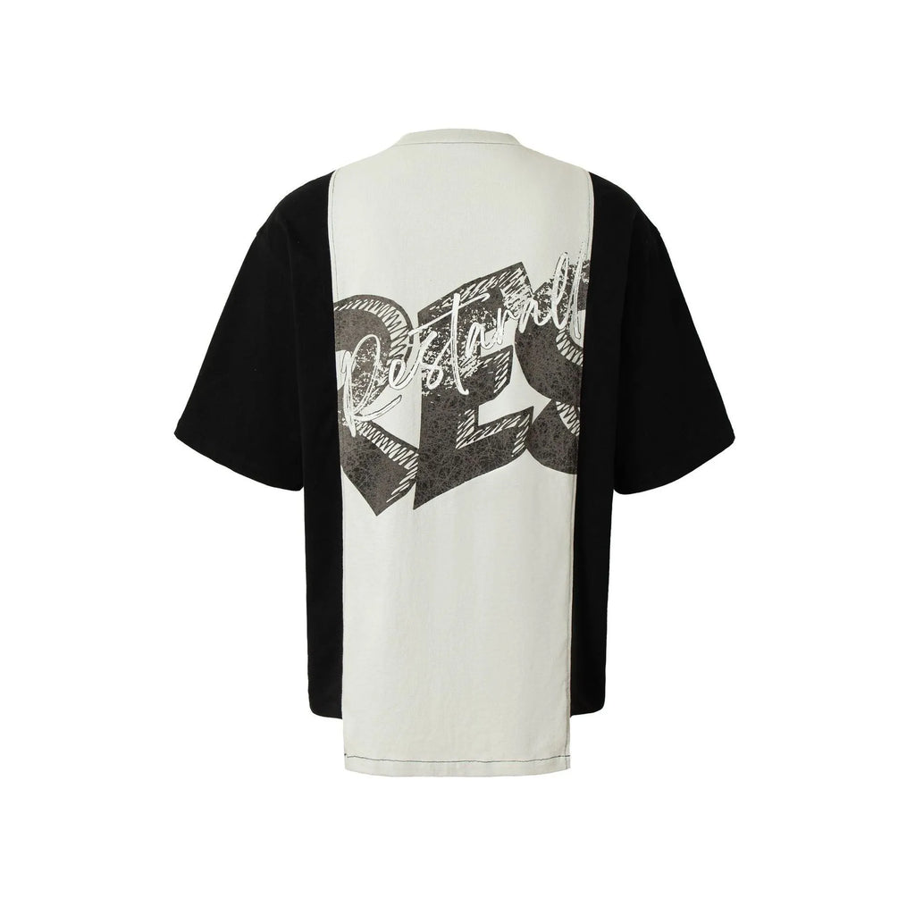 Men's loose fit black and white deconstruction print cotton blend t-shirt on hanger.